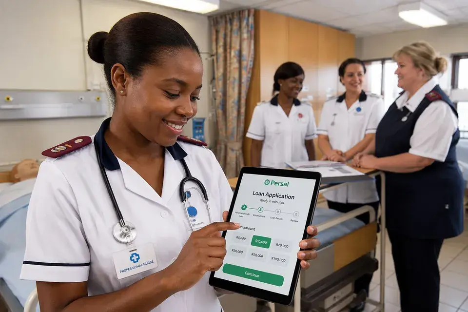 A professional nurse on a hospital ward choosing a loan amount on the Persal application